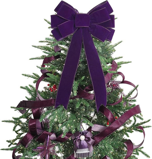 13" Purple Bow Pre-Tied Bow for Christmas Tree, Purple Velvet Ribbon Bow for Wreaths, Tree Toppers Bow, Premade Bow, Gift Bow for Party Favor, Christmas Home Indoor Outdoor Decor-1 Counts