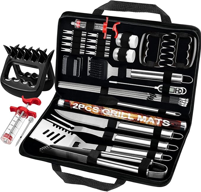 POLIGO 28Pcs Grilling Accessories in Bag with Meat Injector, Barbecue Claws, Mats, Thermometer for Smoker, Camping BBQ Grill Utensil Set Dad Gift for Fathers Day Birthday Grilling Gifts for Men Silver
