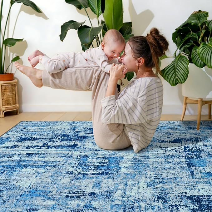 Toneed Washable 5x7 Area Rug with Non-Slip Backing for Living Room | Abstract Modern Rugs, Soft Low Pile Carpet for Bedroom Kitchen Dining Room Nursery Indoor Floor Office Home Decor, Denim Blue