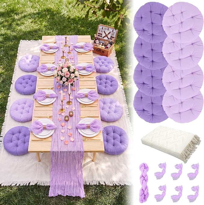 Beeveer 71x118'' Extra Large Outdoor Picnic Blanket with Light Purple Table Runner 8 Napkins and 8 Purple Floor Pillow Cushions for Picnic Party Camping Wedding Bachelorette Birthday Baby Shower Decor