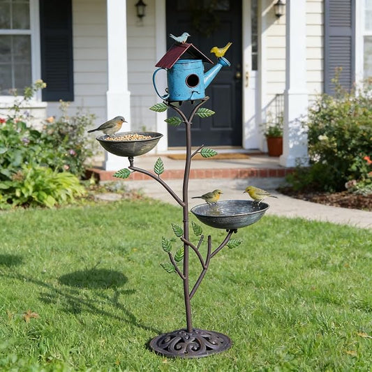 39" H Metal Birdhouse Outdoor, Birdhouse Pole – Integrates Bird Feeder and Bird Bath, 3-in-1 Multi-Functional for Yard Decorations Outdoor, Cast Iron Base