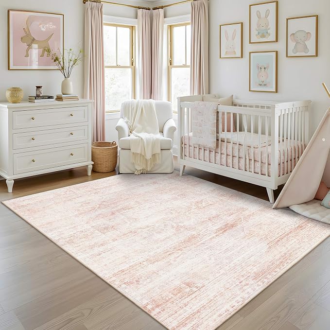 Latte&Fog 5x7 Pink Area Rugs for Girls Bedroom Washable Living Room Rugs | Non Slip Low Pile Soft Floral Cute Carpet for Dining Kitchen Kids Playroom Nursery Guest Room Classroom Dorm Farmhouse Office