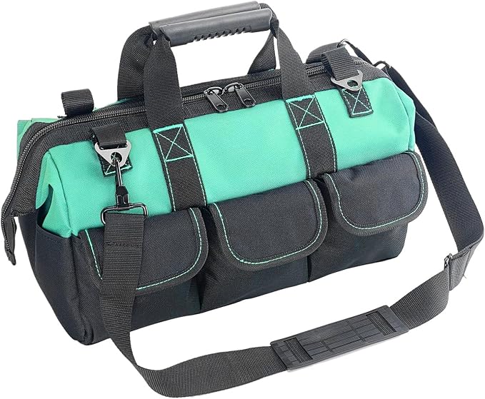 Women Garden Tools Bag 16inch Wide Mouth Tool Bag with Molded Base and Plastic-Padded, Inside Pockets for Tool Storage and Organization,600D polyester fabric (Teal color)