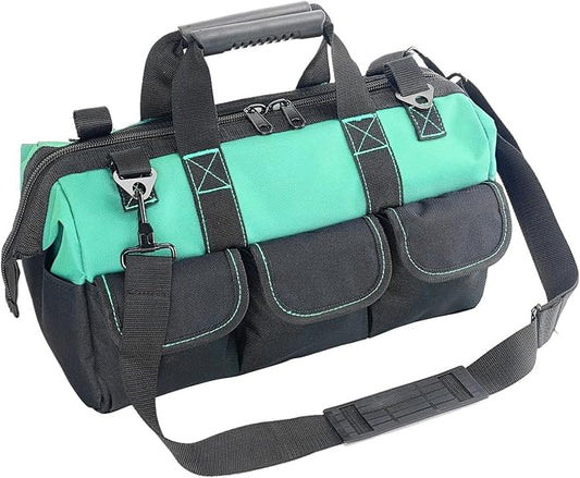 Women Garden Tools Bag 16inch Wide Mouth Tool Bag with Molded Base and Plastic-Padded, Inside Pockets for Tool Storage and Organization,600D polyester fabric (Teal color)