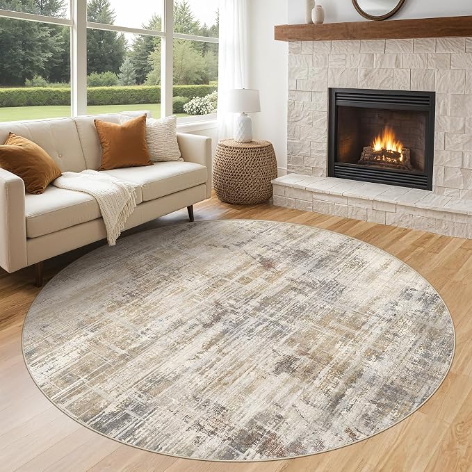 Uermei 6ft Round Area Rug for Living Room Washable Abstract Golden Brown | Soft Low Pile Non Slip Indoor Carpet Stain Resistant Kid Pet Friendly Circle Rug For Bedroom Dining Room Office Nursery