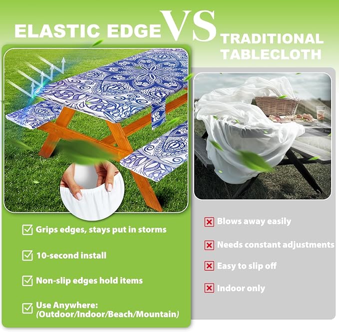 Wrakus Picnic Table Cover with Bench Covers Vinyl Elastic Edges Fitted Rectangle Seat Tables Waterproof 3-Piece96X30in Set Outdoor Rectangular Folding Backing Tablecloth for Camping Over Size