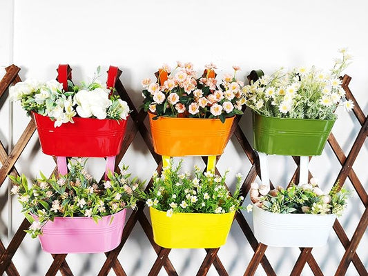 6 Pcs Railing Planter, 10" Metal Hanging Flower Pots for Outdoor Balcony Rails, Fence Pot Hanging Plant Holders with Detachable Hooks for Garden Patio Yard Decor (9.8", Pack of 6)
