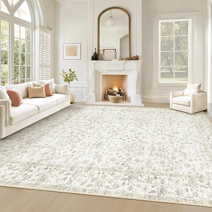 Living Room Rugs 9x12: Washable Moroccan Geometric Boho Rug Farmhouse Non Slip Stain Resistant Large Rug Low Pile Soft Carpet for Bedroom Dining Room Children Room (Beige Floral,9'x12')