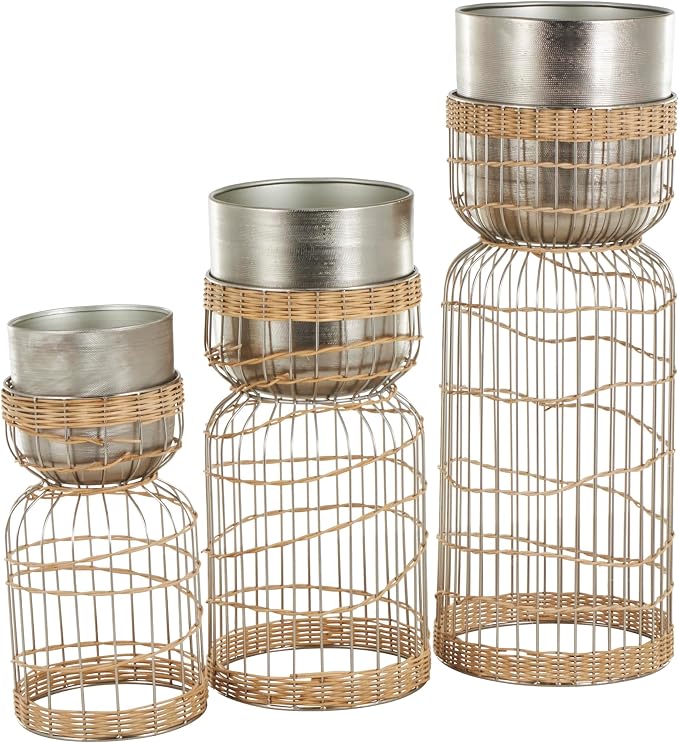 Deco 79 Metal Indoor Planter Textured Dome Large Planter Pot with Woven Rattan and Caged Rod Pedestal Base, Set of 3 Planters 30", 23", 18" H, Silver