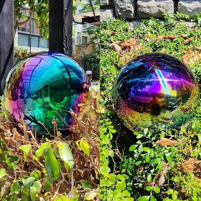 14 inch Diameter Gazing Ball,Rainbow Stainless Steel Polished Reflective Smooth Garden Sphere Globe Mirror,Colorful and Shiny Addition to Any Garden or Home