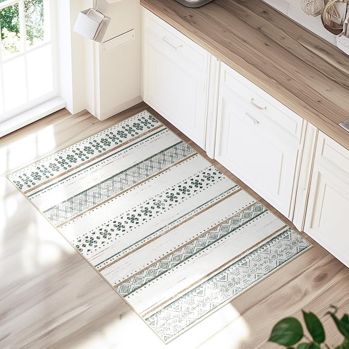 2x3 Washable Area Rugs for Living Room Boho Bathroom Rug Green/Brown | Vacuum Friendly, Machine Washable, Non-Slip Rug, Stain Resistant, Moroccan Geometric, Low Pile Carpet, Entryway Kitchen