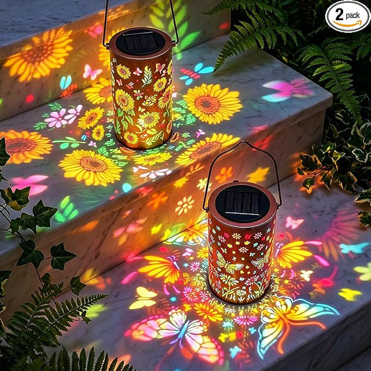 2Pack Colorful Solar Lanterns Outdoor Waterproof, Garden Decor Gifts for Women Mom Grandma - LED Sunflower and Butterfly Solar Powered Lights Metal Hanging Lantern for Outside Garden Patio Yard Porch