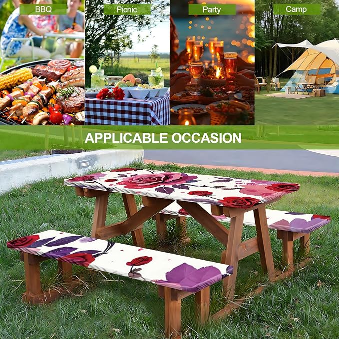 Romantic Roses Picnic Table Cover with Bench Covers Set of 3 - Red Roses and Floral Background, Elastic Fitted Tablecloth for 6 Ft Tables, Washable Polyester Cover for Patio, Indoor & Outdoor