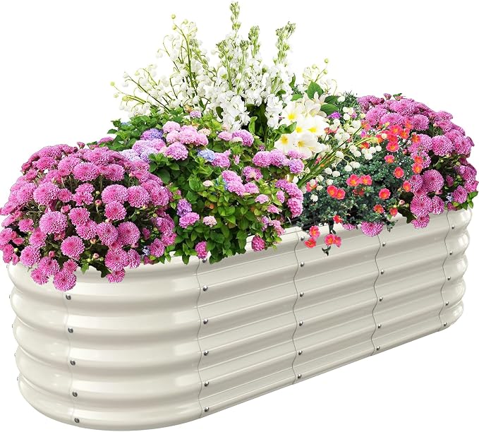 TBMLC 17" Tall Elevated Oval Metal Raised Garden Bed - 5ft x 2ft in Size and 0.8MM Thick Durable Planter Bed/Box for Vegetables Flowers Succulent at Patio/Garden Outdoor (White, 5X2X1.4 FT)