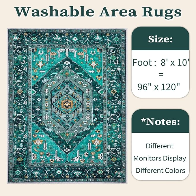 SERISSA 8x10 Washable Non Slip Boho Area Rug for Living Room，Teal | Ultra Soft Vintage Oriental Carpet Low-Pile Distressed Tribal Throw Carpet for Dining Room Bedroom Dorm Office Home Decor