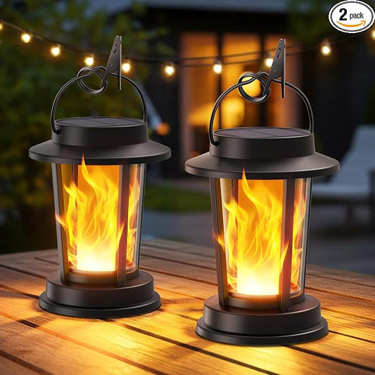 Solar Lanterns Outdoor Waterproof, Upgraded Flickering Flame Solar Lights Outdoor, Solar Powered Lanterns Decorative, Hanging Solar Lantern for Garden Yard Patio Path Porch Tree Decor 2 Pack