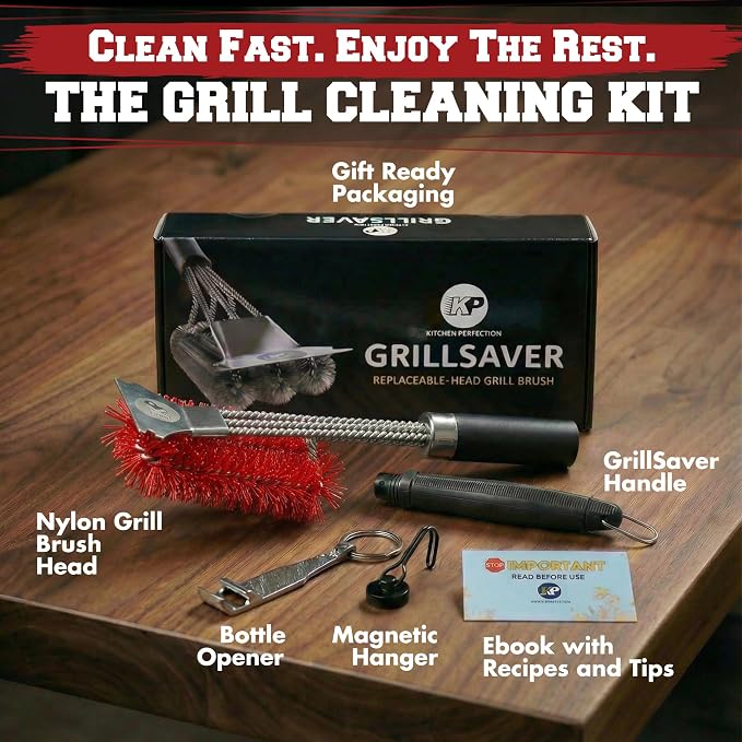 Kitchen Perfection Nylon BBQ Grill Cleaning Brush and Scraper -GrillSaver | Safe Nylon Wire Bristles for Porcelain & Ceramic Grates, Replaceable Head, Magnetic Hanger, Bottle Opener & 3 Ebooks