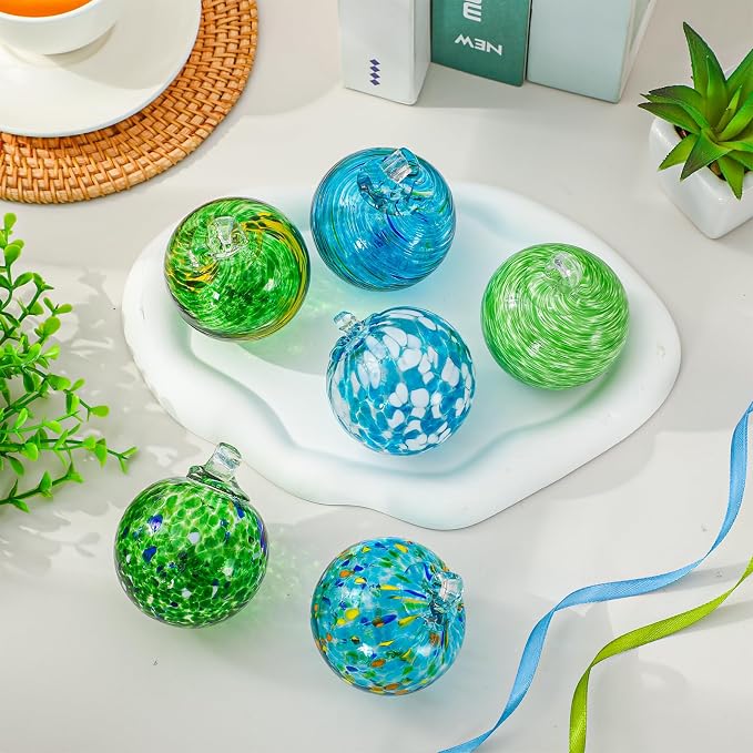 JarThenaAMCS 6Pcs Hand Blown Glass Ball Ornaments 2.4 Inch Summer Beach Gazing Ball Blue Green Hanging Friendship Witch Balls for Hawaii Home Party Garden Wall Window Decor