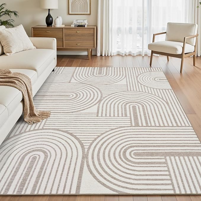 Beige Neutral 8x10 Area Rugs Textured Tufted Rugs for Living Room Bedroom Rug-Carpet Cream Ivory Washable Geometric Moroccan Modern Rug