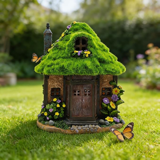 COWOS Solar Powered Fairy Tree House Sculpture with Flocked Roof & Chimney - Whimsical Outdoor Garden Decor with LED Lights