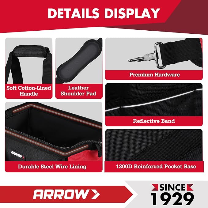 ARROW 14" Heavy Duty Tool Bag with Anti-Slip Feet, Tool Organizer Bag with Reflective Band, 840D Oxford Fabric, Multiple 11 Pockets, Soft Tool Bag for Men Women Electrician Mechanic Plumber HVAC