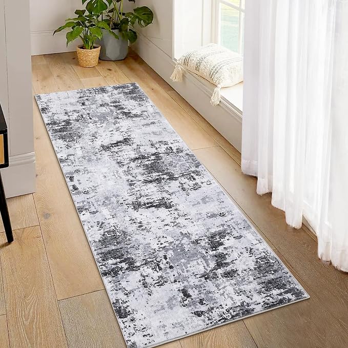 ROYHOME Runner Rug 2x6 Modern Abstract Non Slip Soft Stain Resistant Low Pile Machine Washable Non Shed Rug for Hallway Kitchen Bathroom, Grey | Non Slip Soft Stain Resistant Low Pile Machine Washable Non Shed Rug for Hallway Kitchen Bathroom