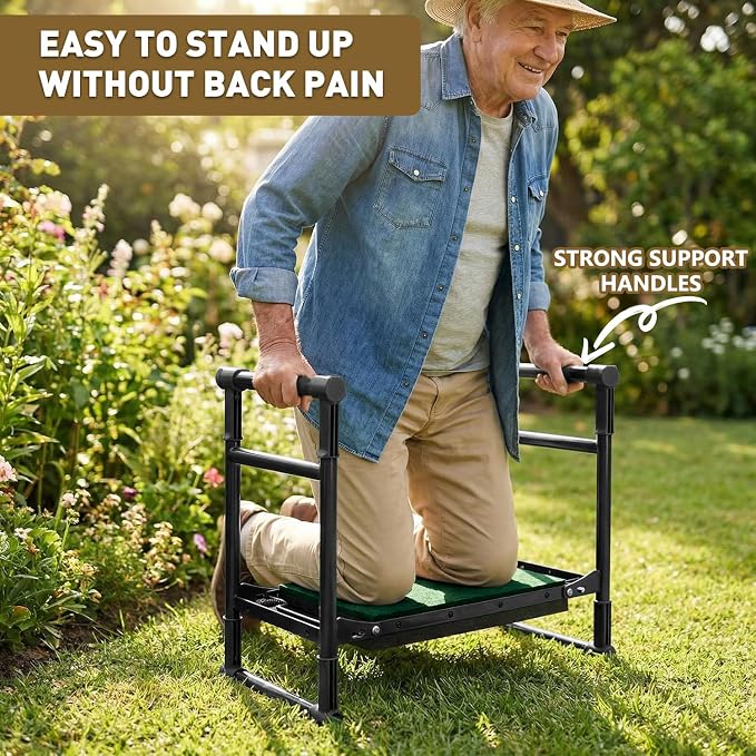 Garden Kneeler and Seat for Seniors – Heavy Duty Anti-Tip Gardening Stool with Widened Thick Soft Kneeling Pad, Foldable Garden Bench with Sturdy Handles, Gardening Gifts for Women Men Mom (Brown)