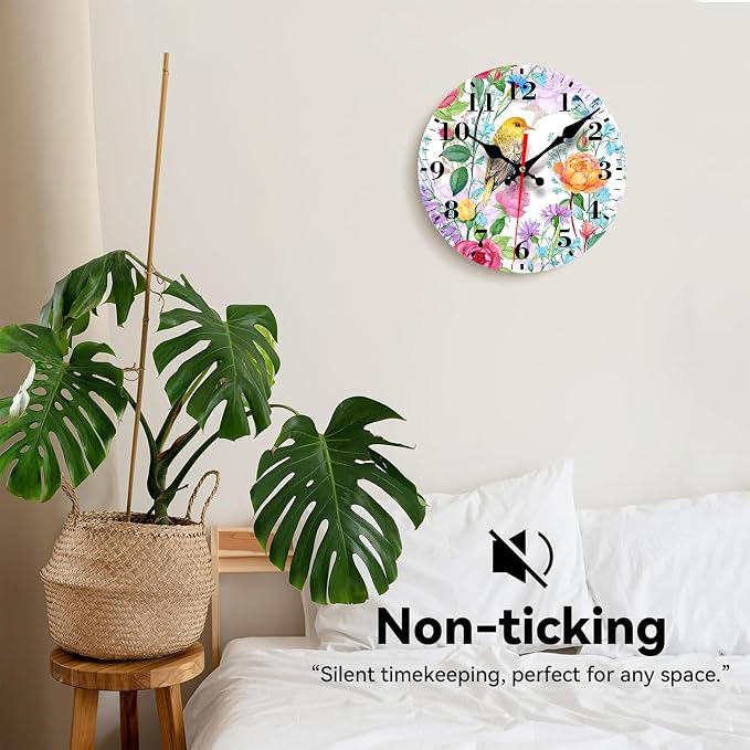 Wall Clocks Battery Operated, Colorful Flowers and Bird Silent Non Ticking Decorative Indoor Outdoor Wall Clocks for Living Room Kitchen Bedroom Bathroom 12"