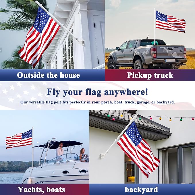5 FT Flag Pole Kit, Tangle Free Spinning Weather Resistant Rustproof Stainless Steel Flagpole with Base for 1" Dia Flag Pole Holder for Outside House, Wall (White)