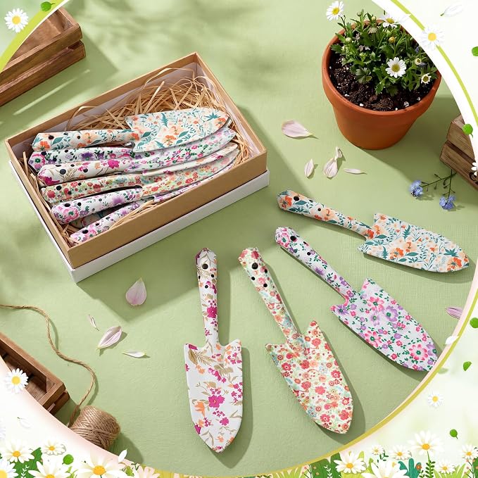 12 Pcs Floral Garden Shovels Bulk Gardening Gift for Women Heavy Duty Metal Garden Tools Floral Hand Shovel Planting for Summer Employees Birthday Thank You Gifts (Colorful Flowers)