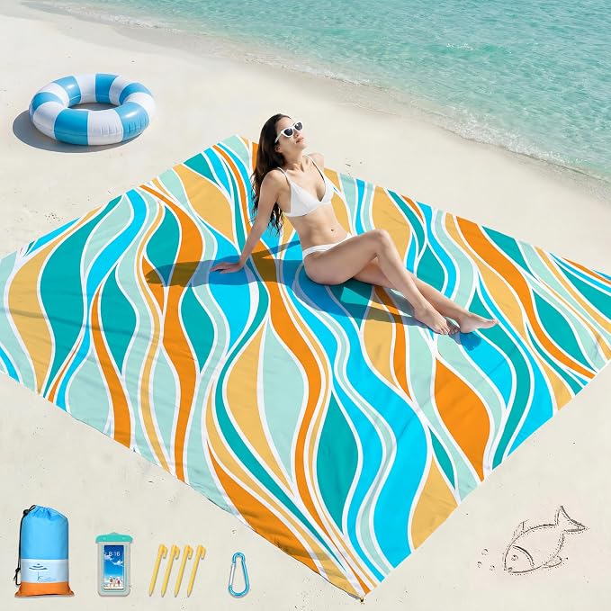 Famstar Beach Blanket Oversized Extra Large 78"X81"/10'X9',Waterproof Sandproof Beach Blanket 2-8 Adults Lightweight Durable for Travel Camping Hiking Picnic
