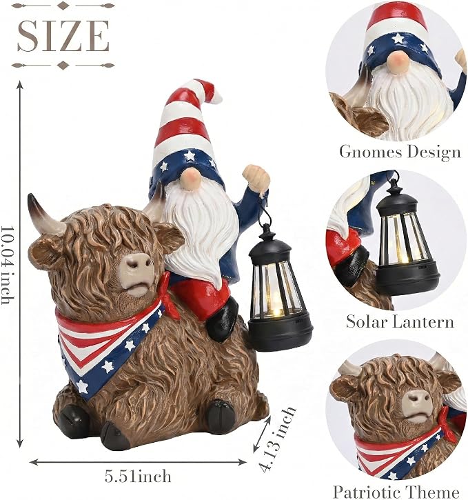 TERESA'S COLLECTIONS 4th of July Highland Cow Gnome Decorations with Solar Lantern, Memorial Day Resin Garden Yak Figurine for Home, Patriotic Independence Day USA 250th Anniversary Outdoor Decor 10"