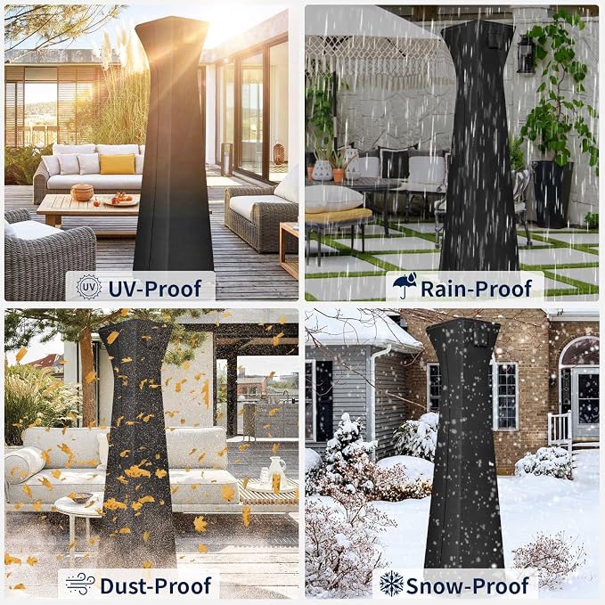 PureFit Waterproof Pyramid Torch Patio Heater Covers with Zipper, Heavy Duty Garden Windproof Heater Protector, UV-Resistant Windproof Standing Heater Covers, Black, 23”L x 23”W x 90”H