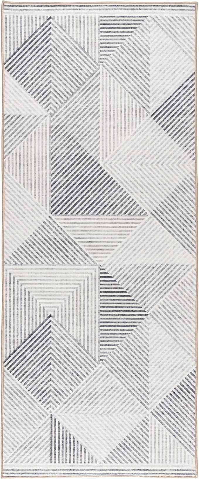 Machine Washable Area Rug Runner - Living Room Bedroom Bathroom Kitchen Entryway Office - Padded Low Pile Stain Resistant Premium - Modern Geometric Contemporary - Miles - Gray 2'6" x 8'