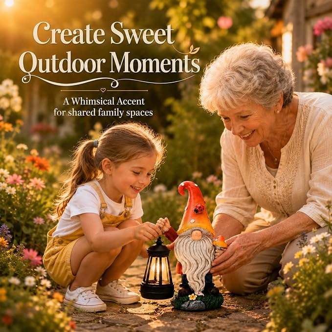 Solar Garden Gnome Statue : Mushroom Outdoor Lantern Decor | Waterproof Resin,Figurine Lights,Yard Lawn Porch Balcony Patio Home Decorations,Gifts for Mom Women Grandma
