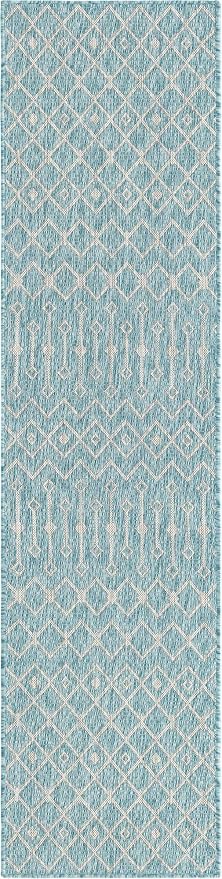 Unique Loom Outdoor Trellis Collection Area Rug - Tribal Trellis (2' x 8' Runner, Aqua/ Ivory)