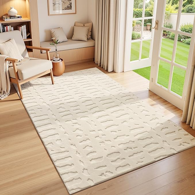 Yamaziot Washable 4x6 Area Rugs for Living Room Textured Non Slip Rug Beige | Modern High-Low Geometric Pattern, Soft Fluffy, Neutral, Minimalist Floor Carpet for Bedroom Dining Room Nursery Kids Room