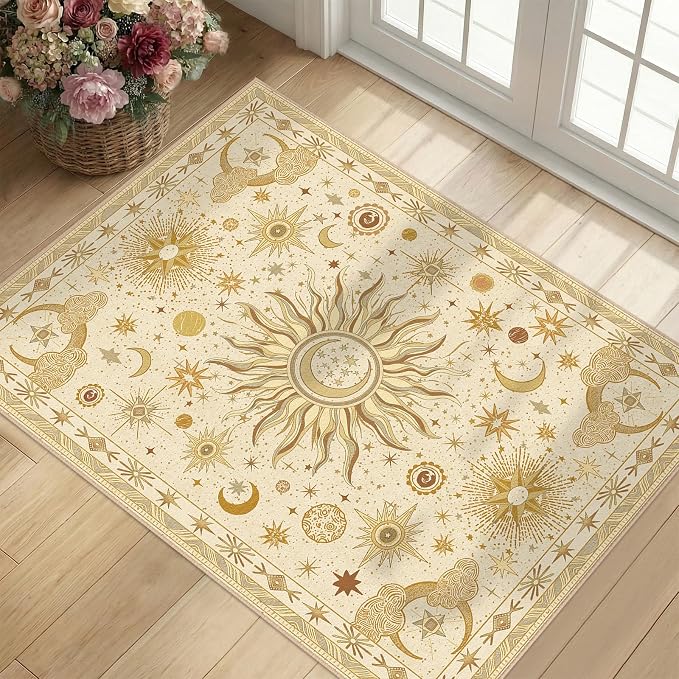 Vacuum-Friendly, 2x3 Washable Area Rug, Beige Camel Brown | Sun and Moon Boho Gothic Non-Slip Low Pile Living Roon Bedroom Dining Room Kitchen Entry Entryway Entrance Hallway Doormat