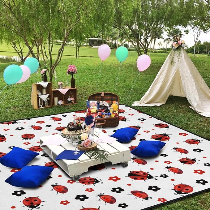 Ladybug Blankets Waterproof Foldable60’‘x80'', Ladybug Portable Outdoor Picnic Mat Water Resistant for Grass,Padded Lawn & Park Blanket for Camping,Ladybug Decor Accessories Stuff
