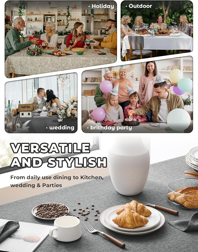 Decorelia Faux Linen Farmhouse Table Cloth 60"x84" for 4-6 ft Rectangle Table, Dark Grey Waterproof Outdoor Washable Cloth Tablecloth for Rectangular Dining Room Kitchen Outdoor Party Restaurant Decor