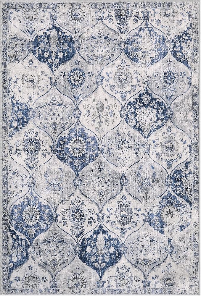 Lahome Moroccan Trellis Washable Rug, 2x3 Kitchen Rugs for Entryway Bathroom, Non-Slip Indoor Door Mat Ultra-Thin, Small Oriental Throw Carpet for Bedroom Entry Elise, White/Royal Blue