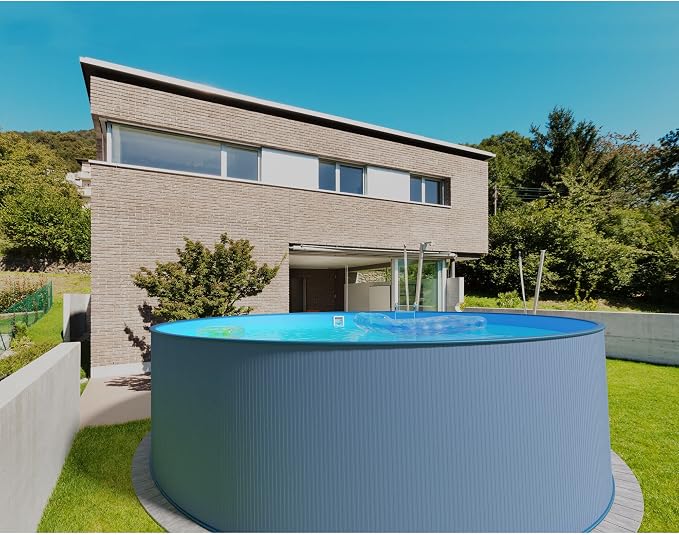 Steel Wall Pool Round Choice of Sizes 120 cm Deep Steel 0.4 mm Anthracite Foil 0.4 mm Blue Hanging Piping 450