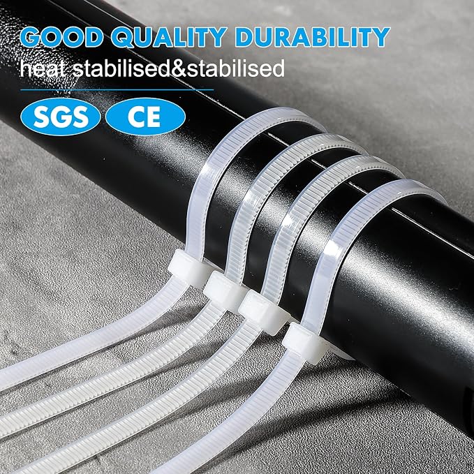 White Zip Ties 12 Inch 100 Pack Clear Tensile Strength 50 lbs UV Resistant Industrial Cable Ties Self Locking Zipties Wire Ties Wrap Indoor Outdoor Use for Fence Garage Camping