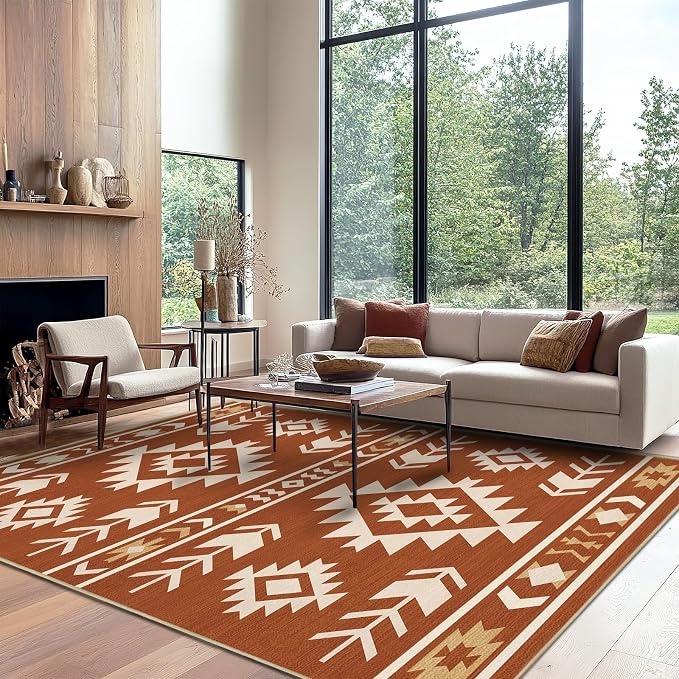 8x10 Area Rug for Living Room Western Rug Southwestern Aztec Tribal Rugs Southwest Navajo Machine Washable Non-Slip Printed Low-Pile Floor Carpet for Bedroom Dining Room Office, Yellow Brown