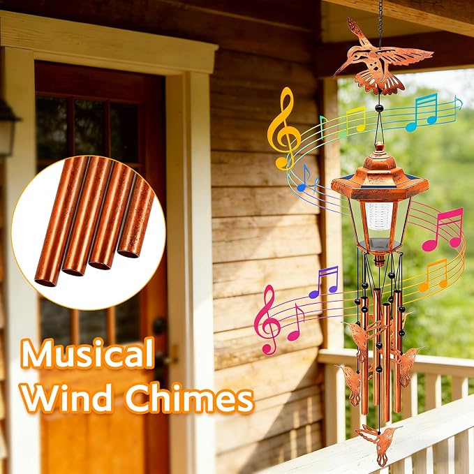 Hummingbird Solar Wind Chimes for Outside, Birthday Gifts for Mom Women Grandma Mother's Day Memorial, 34-Inch Windchimes with Wind Spinner, Outdoor Hanging Solar Lights Yard Garden Decor, 2 Pack