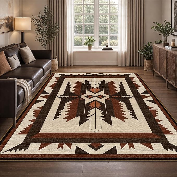 6x9 Western Aztec Area Rug for Living Room Bedroom Southwestern Rustic Large Rug Machine Washable Non-Slip Carpet for Dining Room Office