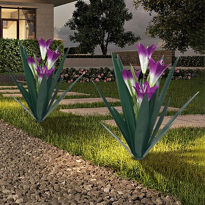 Homight Metal Agave Plant Outdoor Decoration Lily Mexican Yard Art Garden Gift Home Decor Hand Painted Metal Agave Garden Yard Statue, Outdoor Lawn Ornaments(3 Big Purple Lilies)