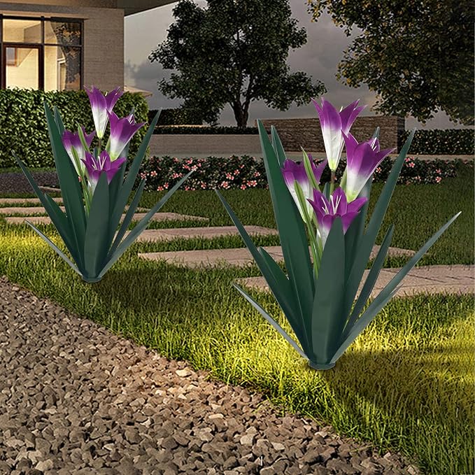 Homight Metal Agave Plant Outdoor Decoration Lily Mexican Yard Art Garden Gift Home Decor Hand Painted Metal Agave Garden Yard Statue, Outdoor Lawn Ornaments (2 Big Purple Lilies)