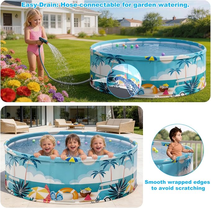 Foldable Kids Pool Hard Plastic Collapsible Deep Kiddie Pool, Small Toddler Pools for Swimming, Backyard Dog Pool (Beach Party 62.9"x17.7")