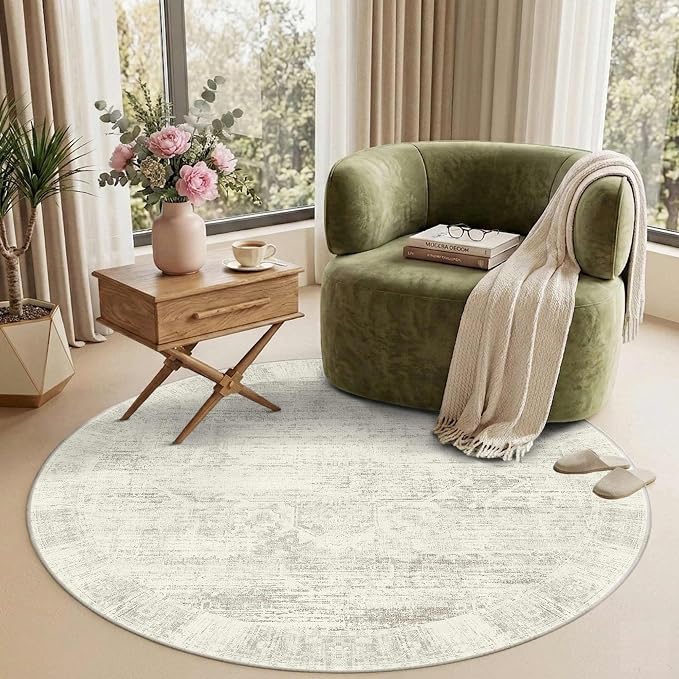 Latte&Fog 4ft Round Area Rug forBedroom Washable Circle Neutral Ivory Rug | Non Slip Low Pile Soft Floral Small Carpet for Kids Playroom Nursery Classroom Dorm Decor Dining Kitchen Farmhouse Office